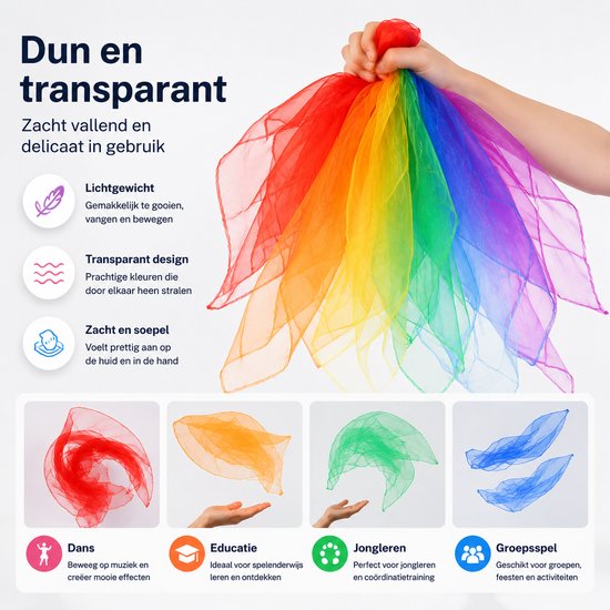Hand houdt een regenboog van gekleurde sjaals vast die in de lucht zweven. Close-up van rode, oranje, groene en blauwe sjaals. Geschikt voor dans, educatie, jongleren, groep.