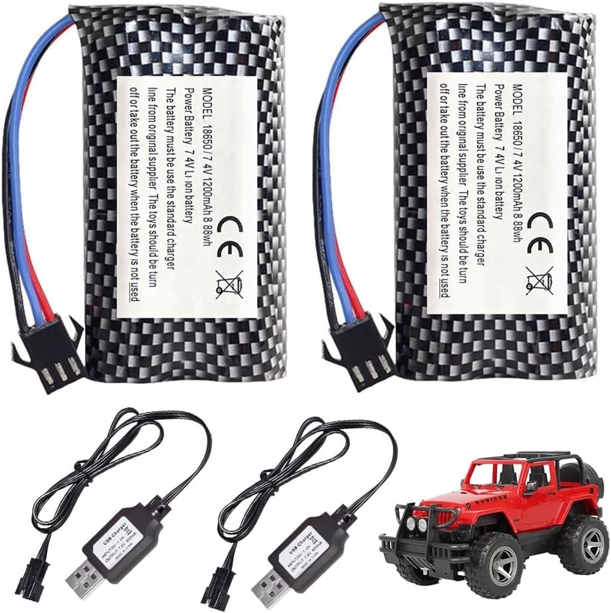 Oplaadbare 7.4V Li-ion Batterij 1200mAh met 3 Pin Plug en Oplaadkabel voor RC Voertuigen zoals Huina 1575, DE43, DE60, MN99, MN98, MN78 en SGP06 Jeep