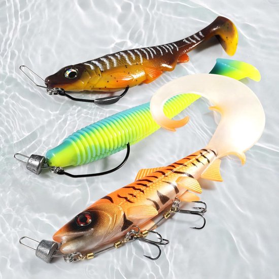 Set van 3 Stinger Haken met Voorvak Systeem en 5 Verwisselbare Gewichten voor Snoek, Ideaal voor Rubber Vissen met Jigkop, Geschikt voor Aas van 10, 13 en 18 cm, Maten S, M, L — afbeelding 5
