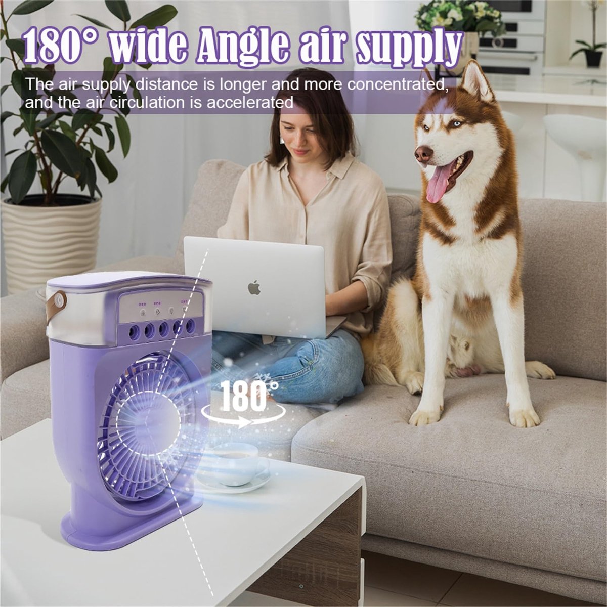 SnelShoppen - Draagbare Mini-Airconditioning 4-in-1, Stil Waterkoeler Ventilator zonder Slang, Oplaadbare Luchtbevochtiger met Timer in Paars voor Thu