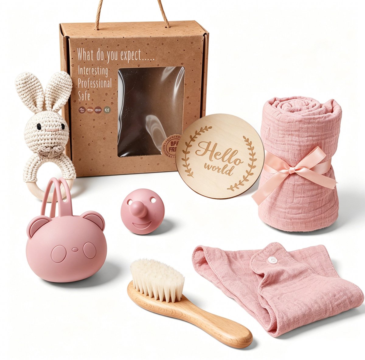 7-in-1 Babycadeauset - Babybadset - Inclusief badhanddoek, houten borstel, konijnenfopspeen, rammelaar, slabbetje, speelkaarten en fopspeenopbergdoos - Perfect cadeau voor aanstaande moeders - Kraamcadeau - Cadeau voor pasgeborenen