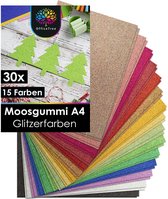 30 vel glitter schuimrubber A4 in 15 kleuren. Met kerstboomvormen.