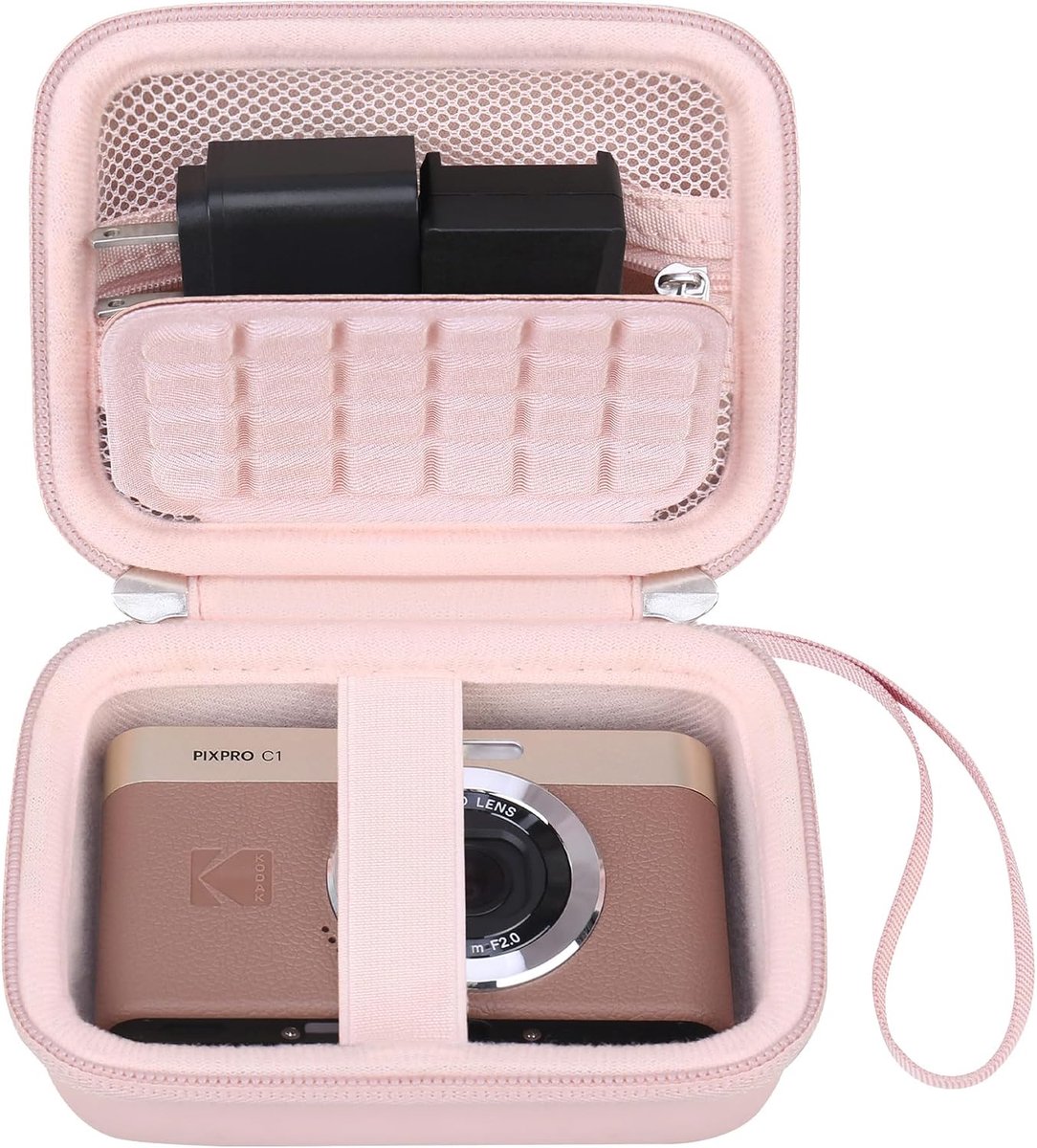SnelShoppen - Draagtas voor Digitale Camera, Geschikt voor KODAK PIXPRO C1, Hoogwaardige PU Materialen, Roze, Met Ritsvak voor Adapter en Kabels