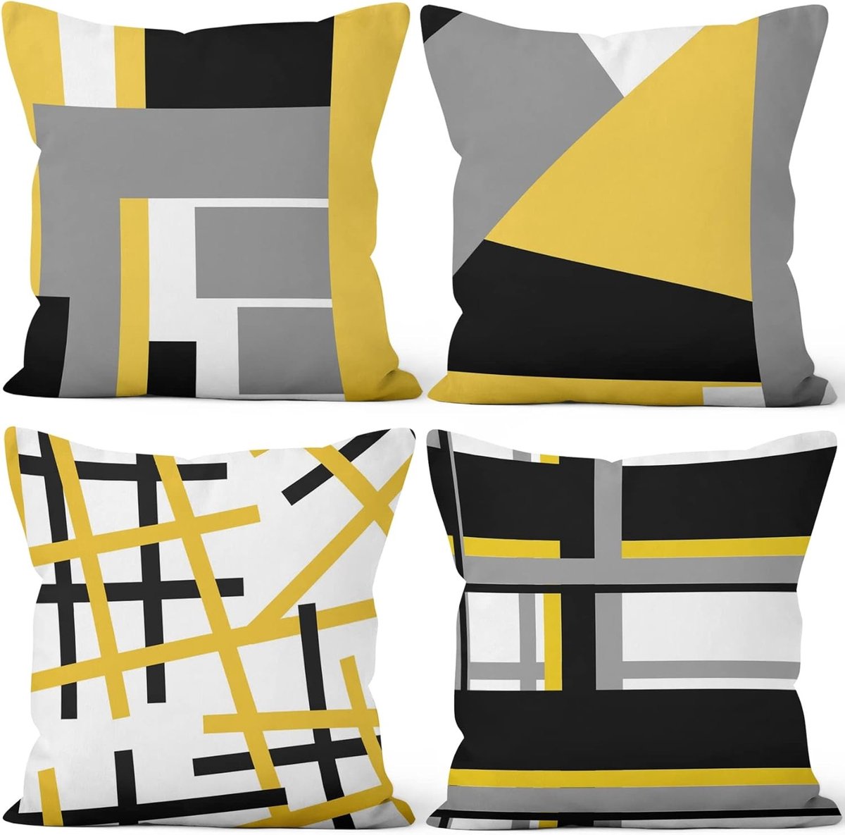 Moderne Geometrische Kussenhoezen 50x50cm in Geel, Grijs en Wit - Set van 4 Zachte Pluche Kussens voor Woonkamer en Tuin Decoratie
