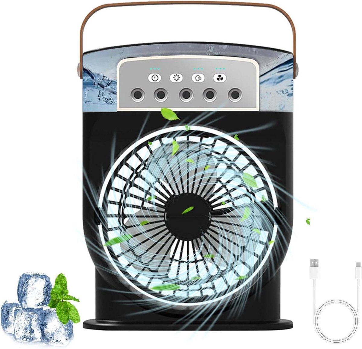 Mini Koelventilator - Luchtkoeler Verdamper - Persoonlijke Koeling - 4-in-1 Multifunctioneel - 600 Grams - Zwart
