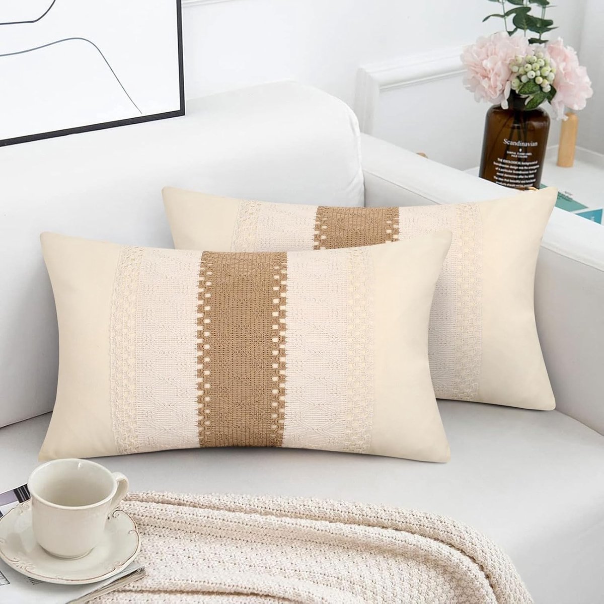 Bohemian Kussenhoezen 12x20 Inch met Delicate Linnen Haakwerk, Set van 2 Bruine Kussens, Rectangulaire Decoratieve Kussens voor Woonkamer en Slaapkamer Decoratie