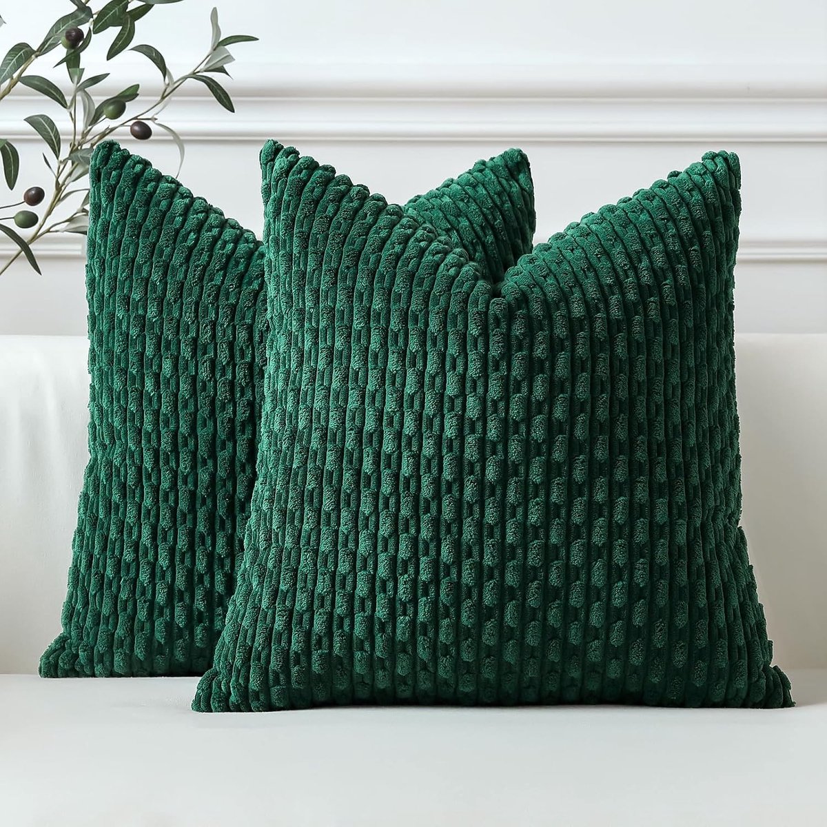 Set van 2 Donkergroene Zachte Corduroy Decoratieve Kussenhoezen met Boho Strepen voor Bank, Woonkamer en Tuin - Kussenhoezen 40x40cm voor Landelijke Interieurdecoratie