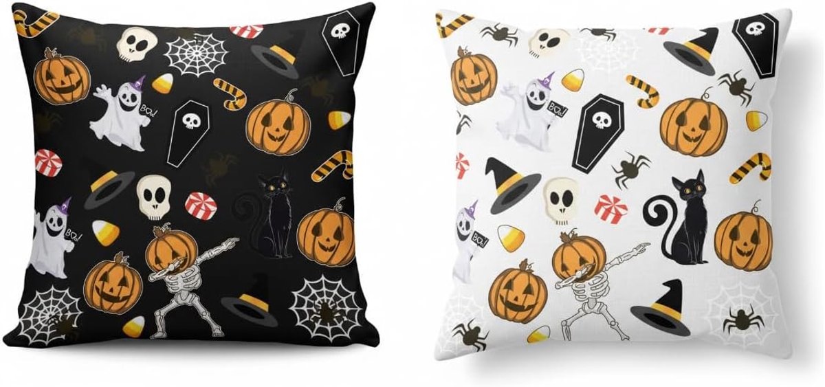 Set van 2 Halloween kussenhoezen 45 x 45 cm met zwart-wit skelet, pompoen en spook voor sfeervolle woonkamerdecoratie