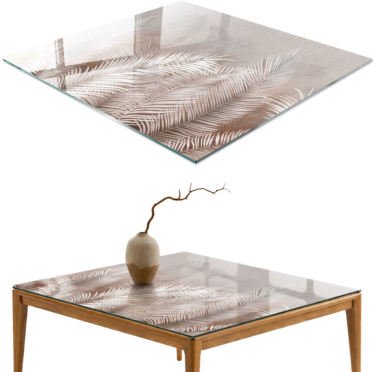 ArtPrintCave Elegante bladeren Glazen Tafelblad 60x60 cm - Tafelblad Rechthoek - Beige Bureaublad - Bloemen en planten Terrastafel