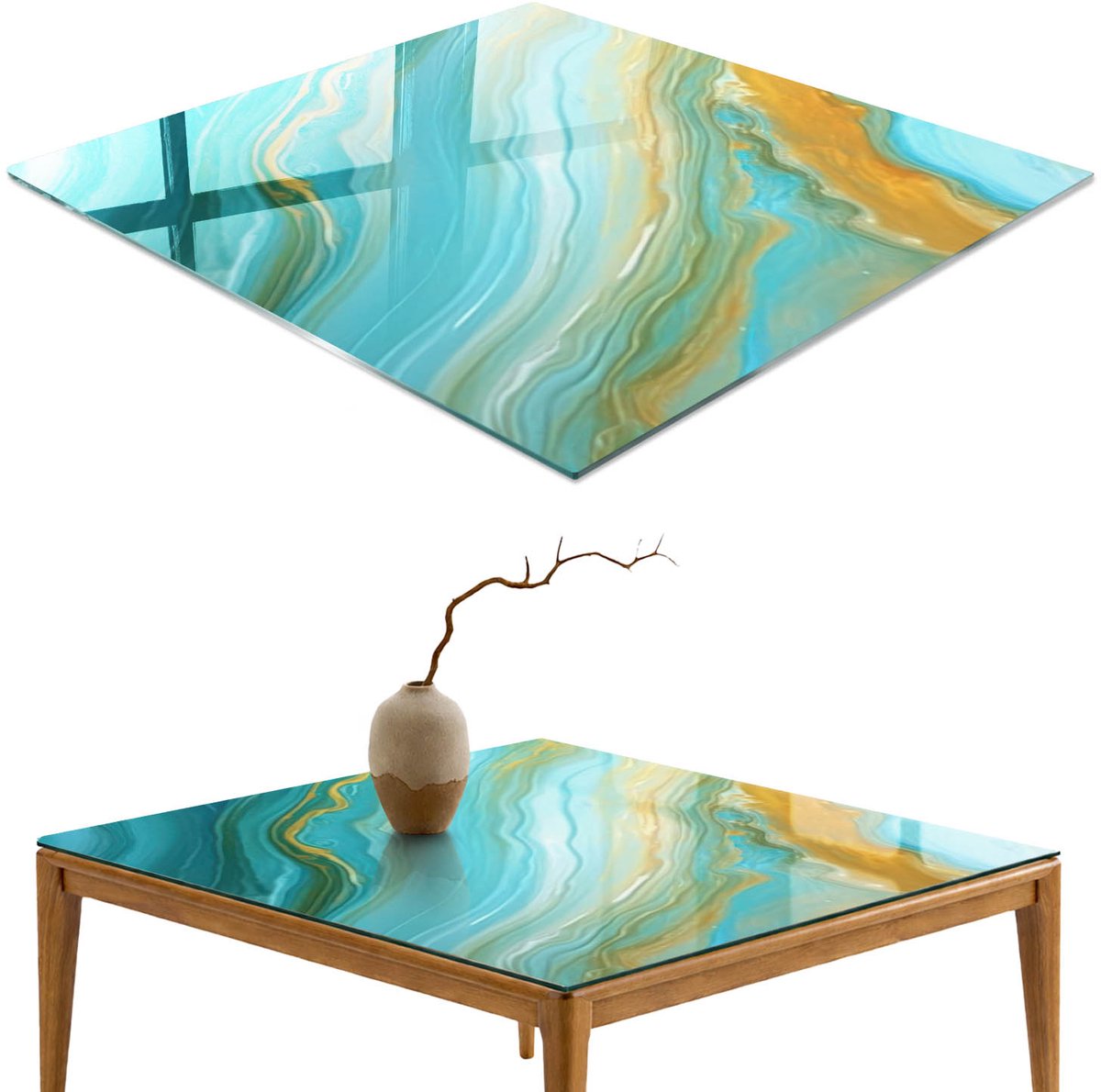 ArtPrintCave Kleurrijke golven Glazen Tafelblad 60x60 cm - Tafelblad Rechthoek - Turkoois Terrastafel - Abstractie Keukentafel