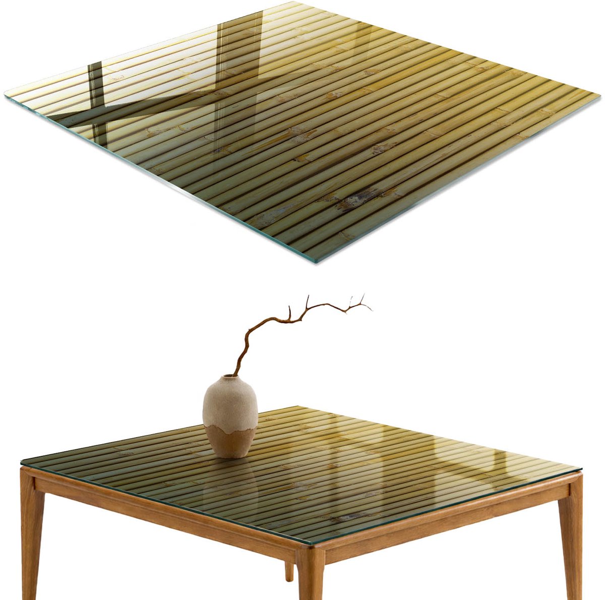 ArtPrintCave Bamboe structuur Glazen Tafelblad - 50x50 cm - Tafelblad Vierkanten - Beige Bureaublad - Texturen Terrastafel