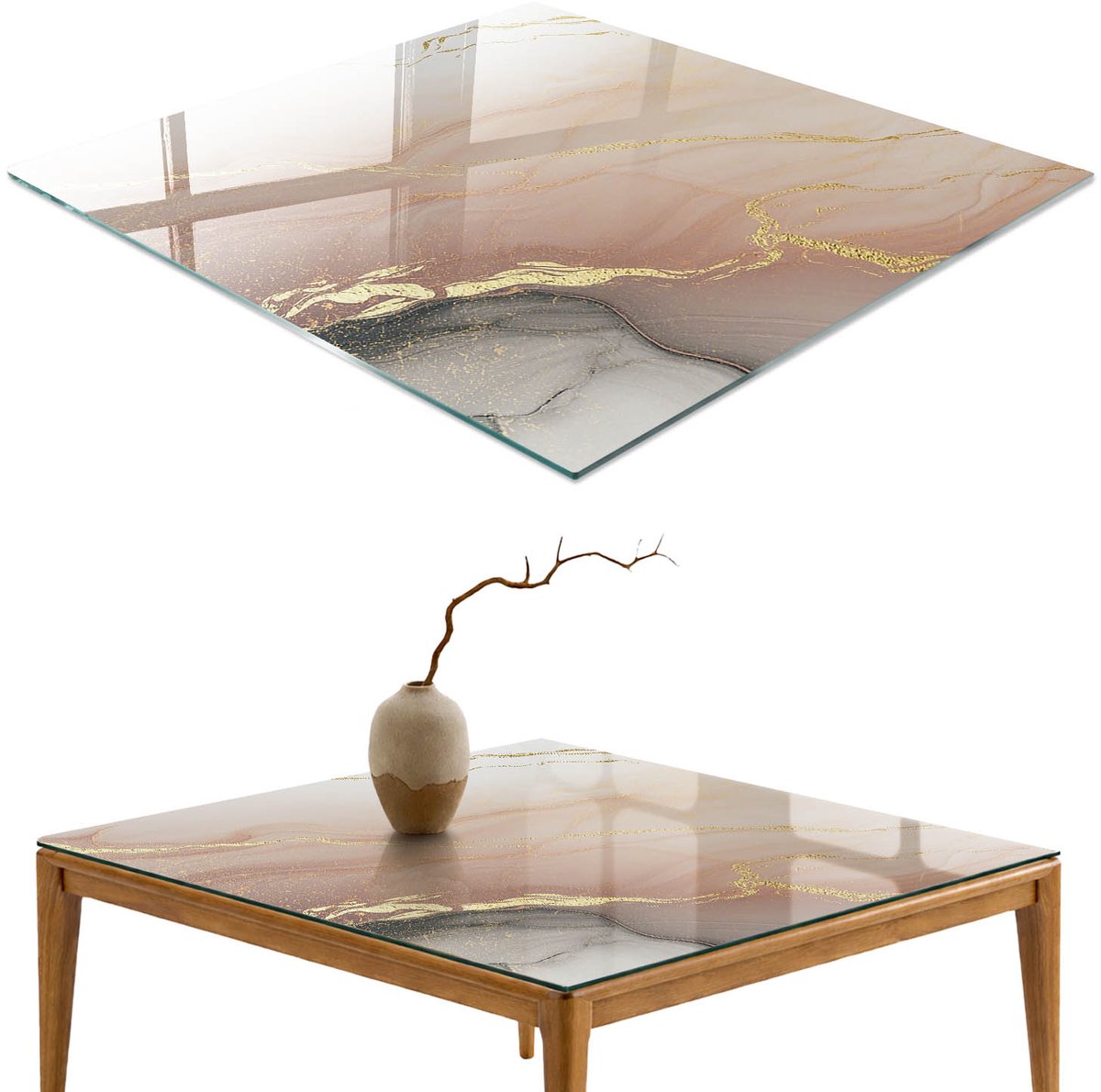 ArtPrintCave Abstracte elegantie Glazen Tafelblad - 50x50 cm - Tafelblad Vierkanten - Beige Eettafel Met Glasplaat - Abstractie Keukentafel