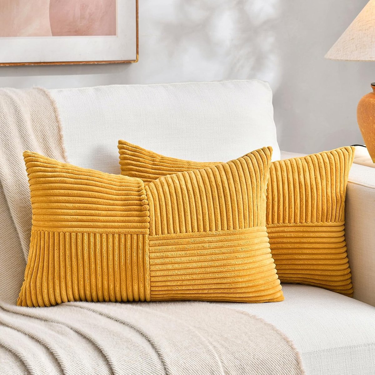 Set van 2 Kussenhoezen Boho Corduroy 30 x 50 cm Goudgeel Zacht Decoratief met Kruisstrepen en Onzichtbare Rits voor Sofa en Bed