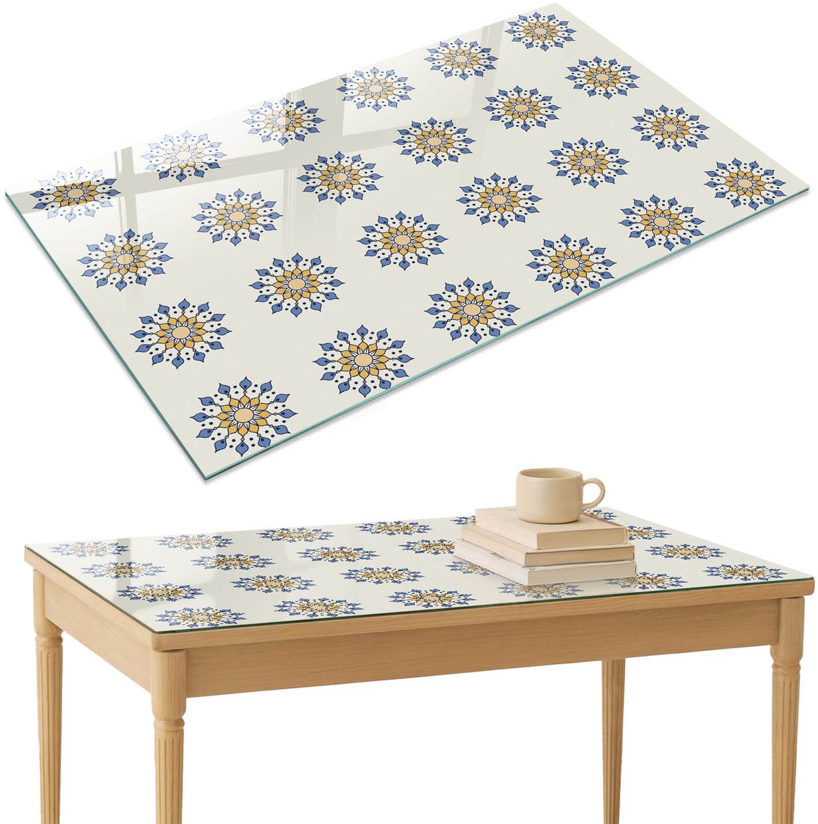 ArtPrintCave Symmetrische mandala's Glazen Tafelblad 120x80 cm - Tafelblad Rechthoek - Beige Eettafel Met Glasplaat - Achtergronden en patronen Eettafel Met Glasplaat