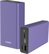 Paarse imoshion powerbank met 100% batterij-indicator en USB-C/USB-A poorten.