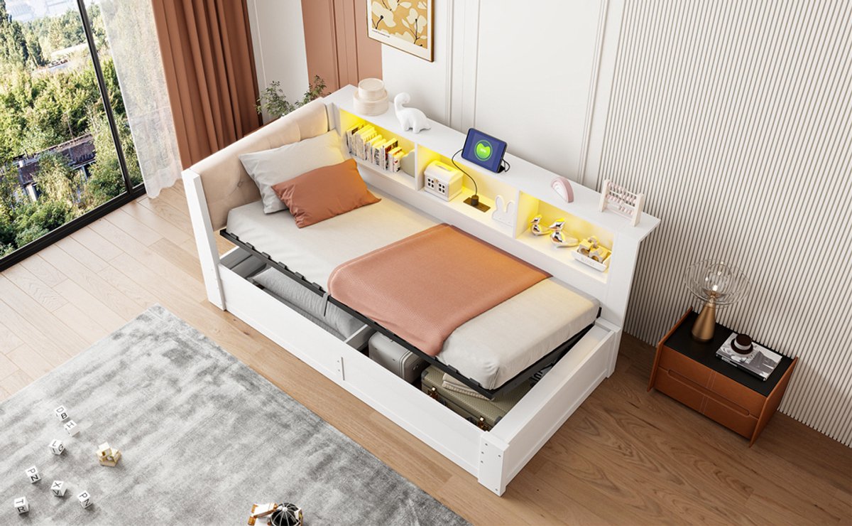 FloraGrace Bed 90x200cm - Eenpersoonsbed Met Opbergruimte, LED Verlichting En USB Aansluiting - Hout En MDF - Wit - Zonder Matras