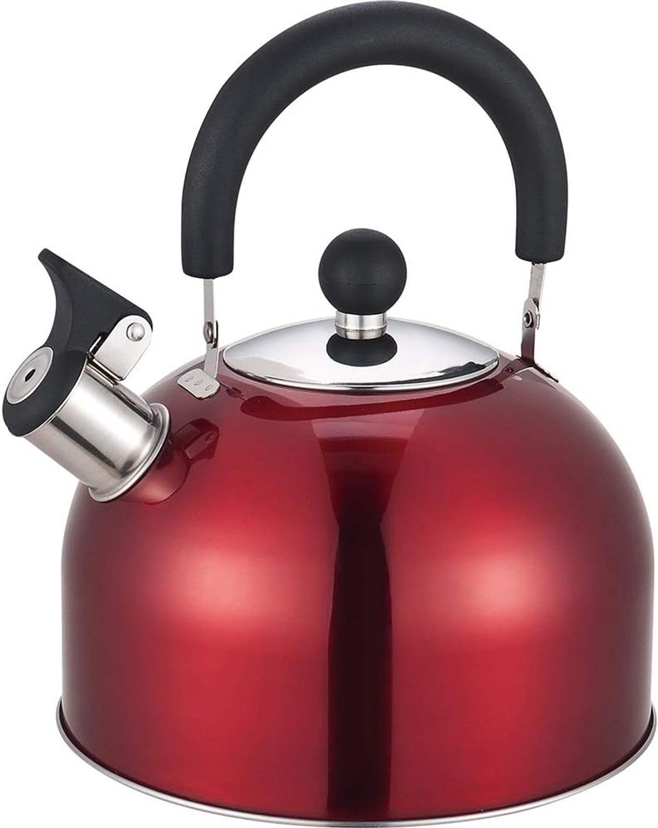 SnelShoppen - Fluitende Waterkoker 2.5 Liter RVS Rood - Stijlvolle Koffieketel met Fenolisch Handvat voor Keuken en Camping