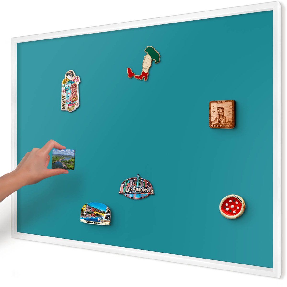 Artprintcave Turkoois Magneetbord mit Witte Lijst - 100x70 cm - Koel Turkoois Magneetbord Voor Keuken - Minimalist Wandbord Magnetisch - Achtergronden En Patronen
