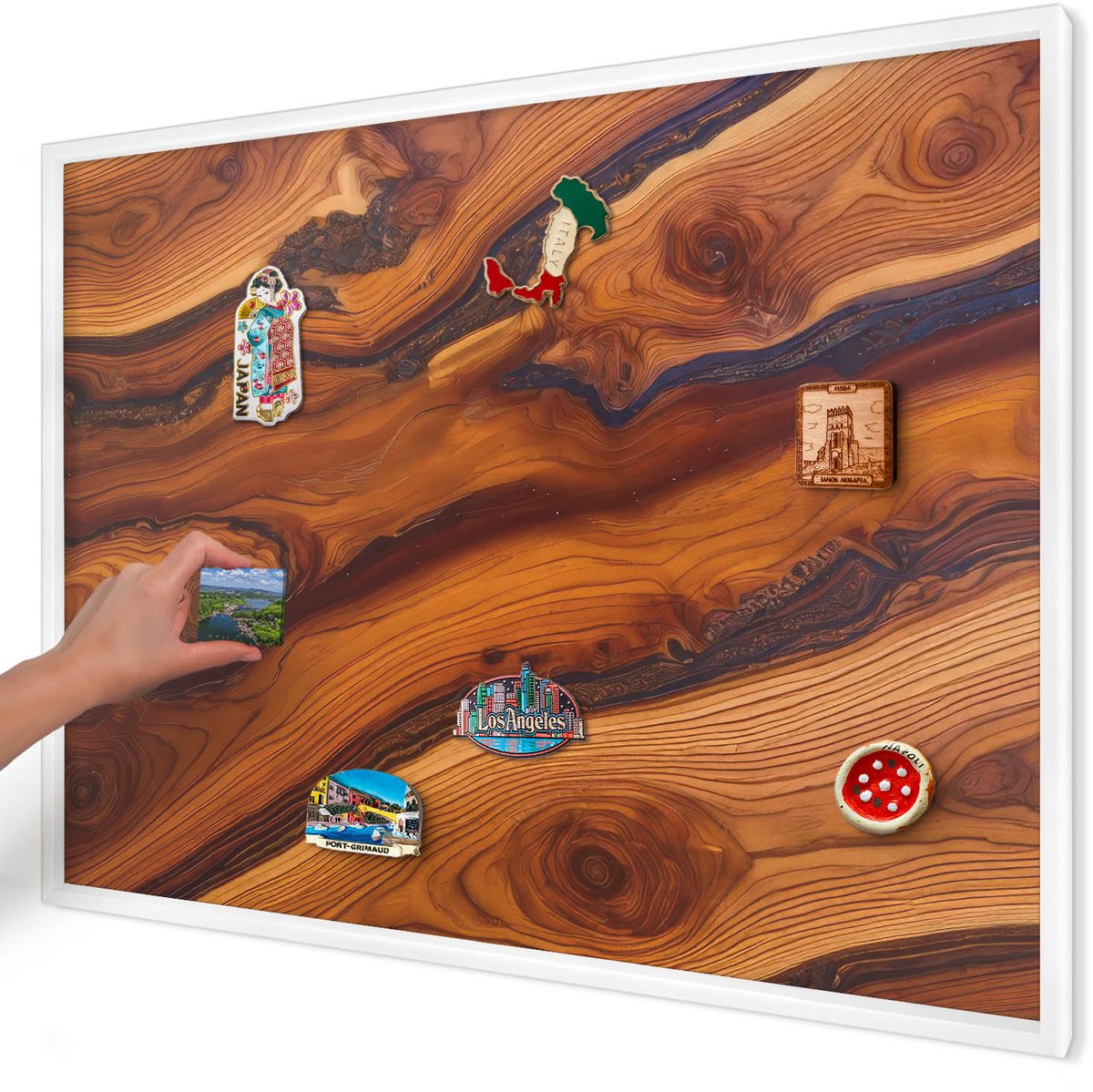 Artprintcave Bruin Magneetbord mit Witte Lijst - 100x70 cm - Houten Ringen Magnetisch Bord - Rustiek Magnetisch Bord Voor Magneten - Texturen