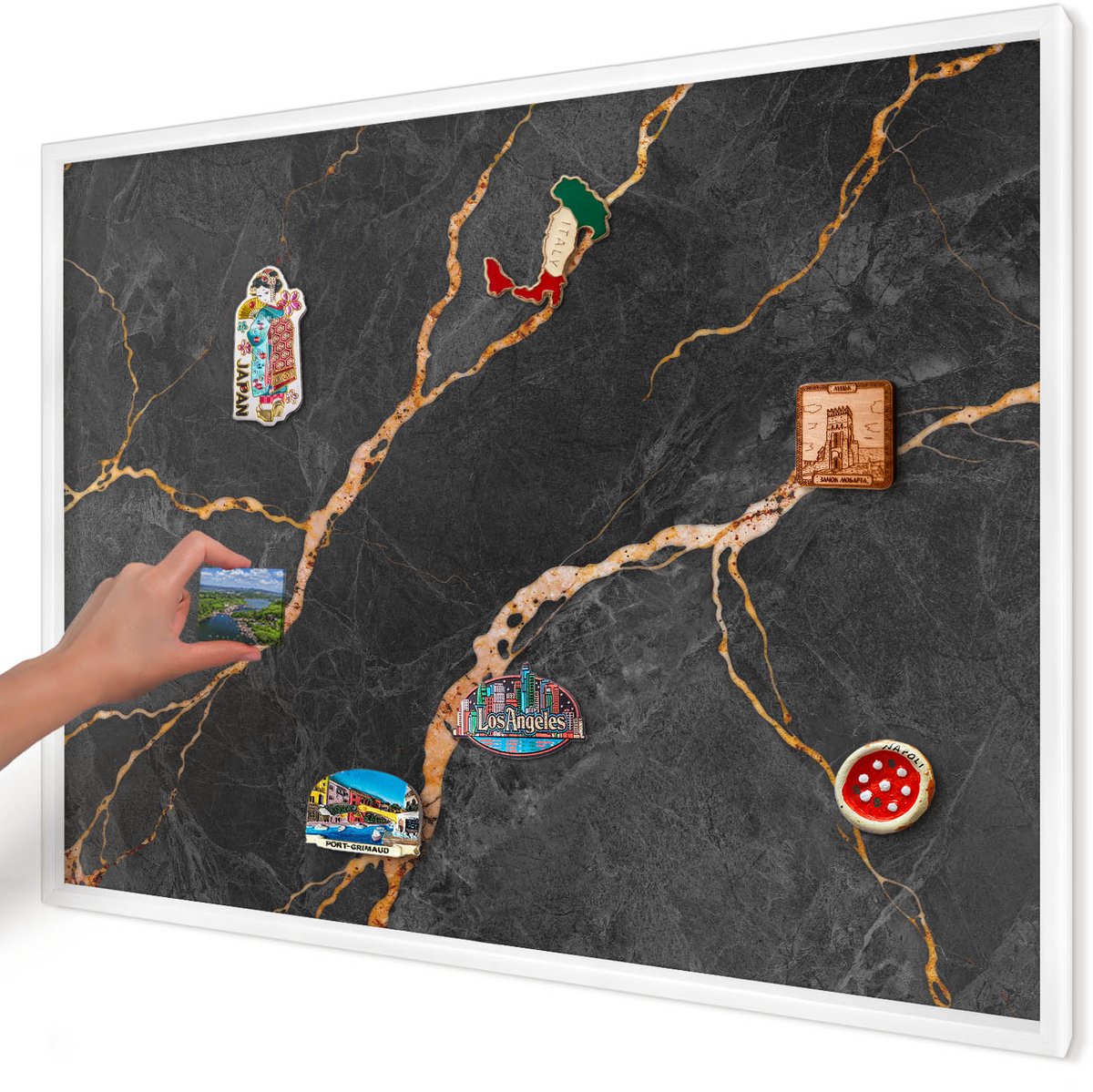 Artprintcave Zwart Magneetbord mit Witte Lijst - 100x70 cm - Marmeren Linten Notitiebord - Abstract Magneetbord Voor Keuken - Texturen