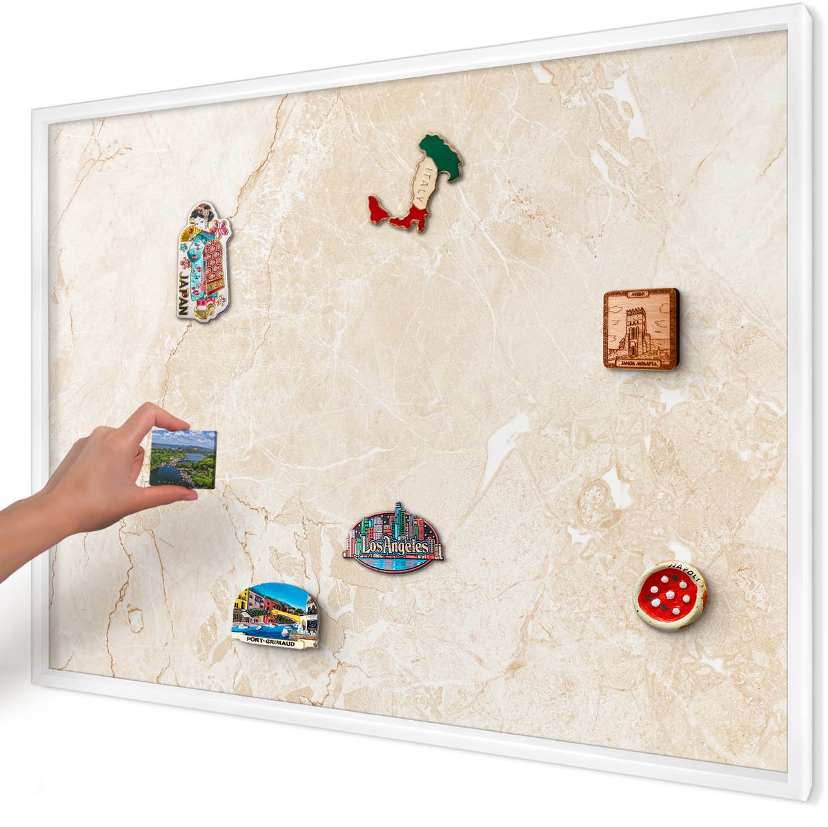 Artprintcave Beige Magneetbord mit Witte Lijst - 100x70 cm - Delicaat Marmer Magneetbord Voor Foto's - Minimalist Bord Voor Magneten - Texturen