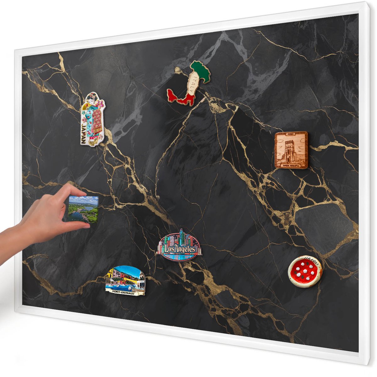 Artprintcave Zwart Magneetbord mit Witte Lijst - 100x70 cm - Zwart Marmer Memobord Keuken - Modern Magneetbord Voor Foto's - Texturen