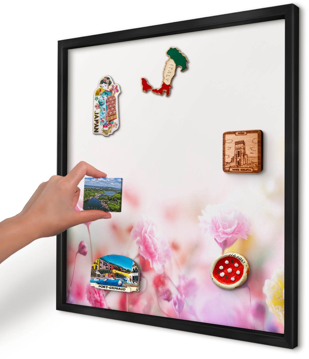 Artprintcave Roze Magneetbord mit Zwart Frame - 50x50 cm - Pastelkleurige Bloemen Magnetisch Bord - Abstract Notitiebord - Bloemen En Planten