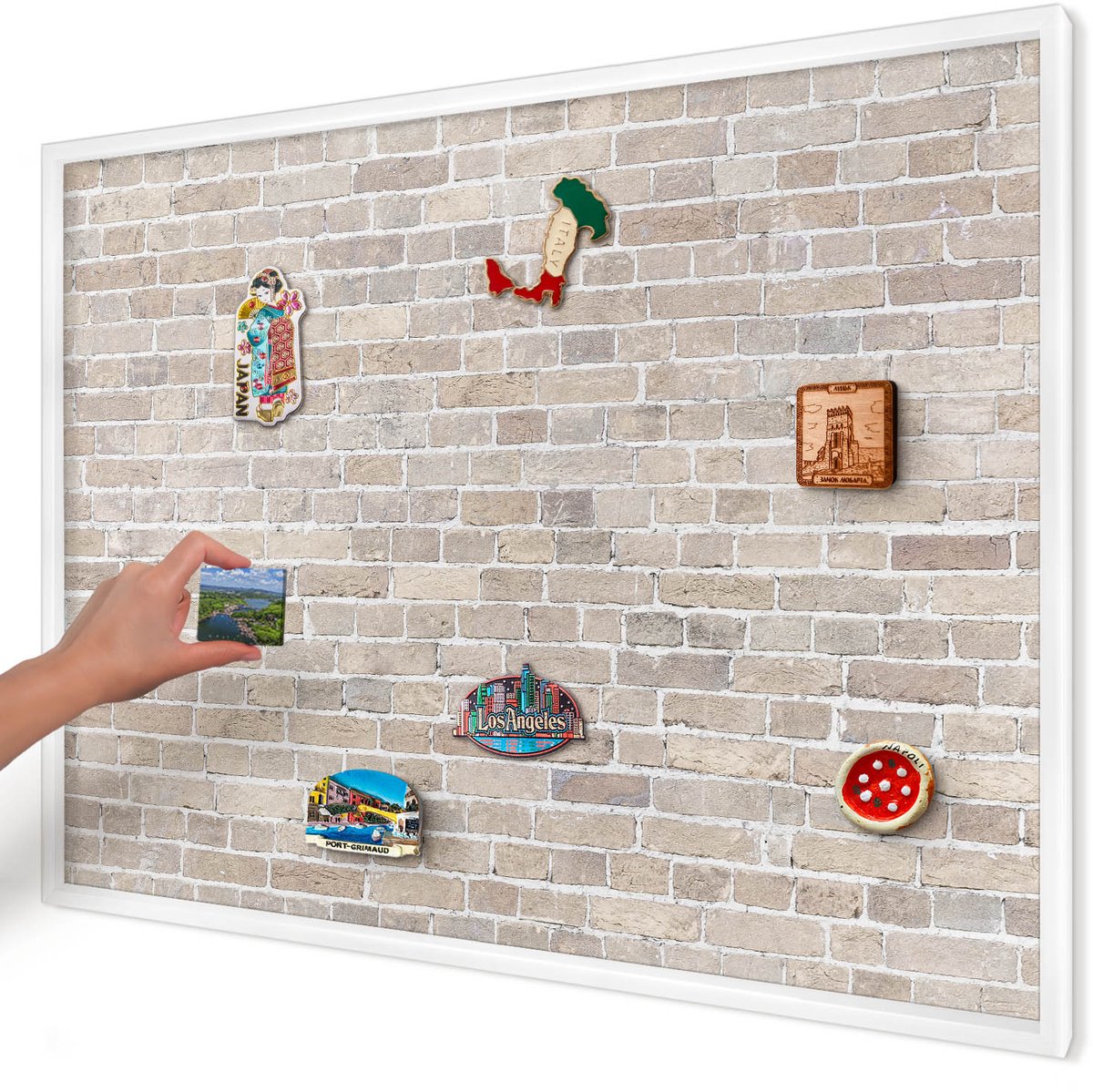 Artprintcave Beige Magneetbord mit Witte Lijst - 100x70 cm - Baksteenpatroon Magnetisch Bord Voor Magneten - Industrieel/Loft Magneetbord Voor Foto's - Achtergronden En Patronen