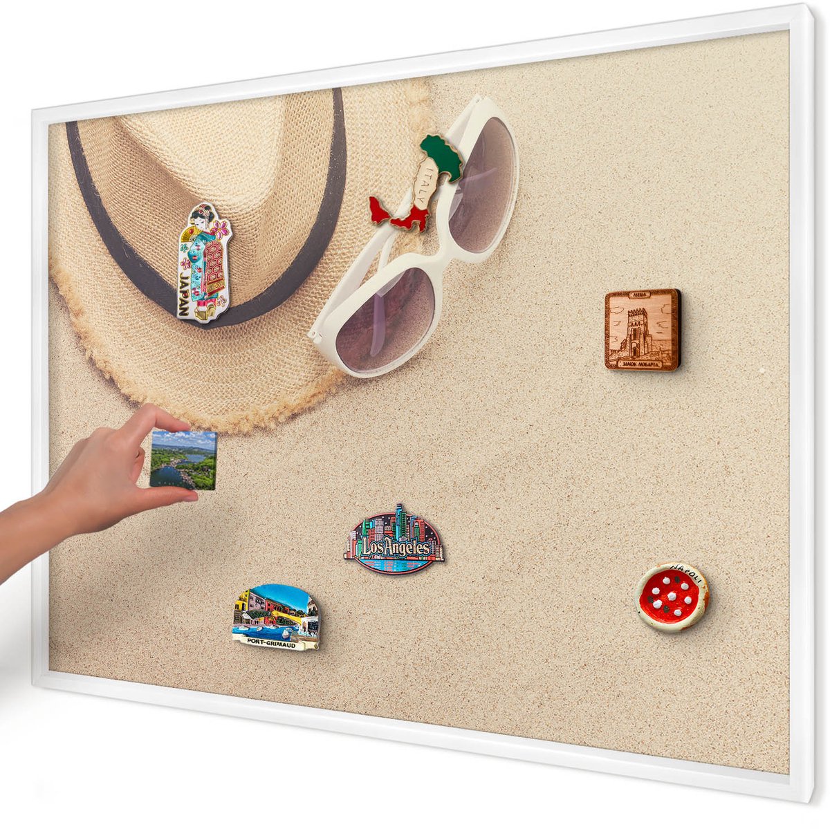Artprintcave Beige Magneetbord mit Witte Lijst - 100x70 cm - Zomerstrand Bord Voor Magneten - Fotografisch Notitiebord - Reis