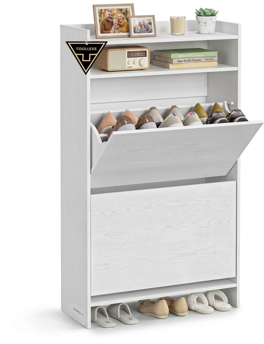 Schoenenkast - Schoenenrek - 2 smalle deuren - 24 x 60 x 102,8 cm - Sneeuwwit