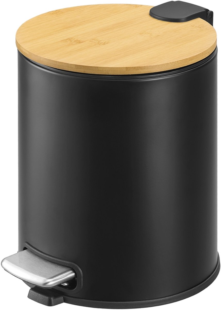 Badkamerafvalbak - 6 liter - Cosmetica-afvalbak met bamboe deksel - 21 x 26 x 25,4 cm - Zwart