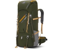 SnelShoppen - 65L Waterdichte Wandelrugzak met Regenhoes, Ergonomische Buitensport Reistas voor Klimmen en Touring in Legergroen