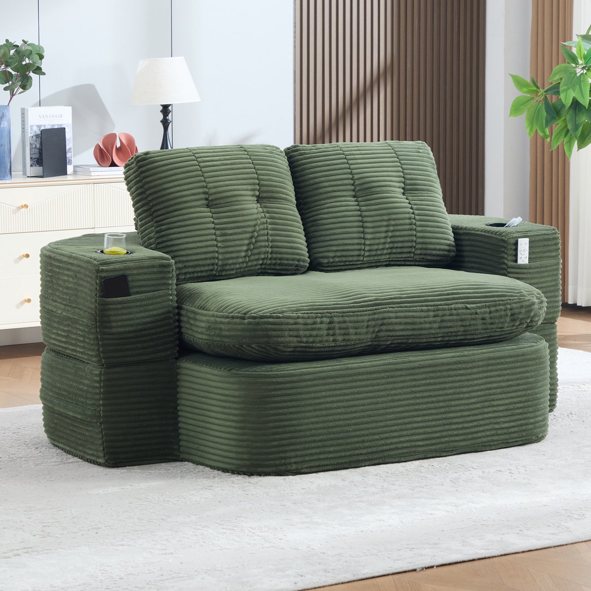 2-in-1 Slaapbank - Groene Ribstof Lounge Sofa Met Bekerhouders En Diepe Zit