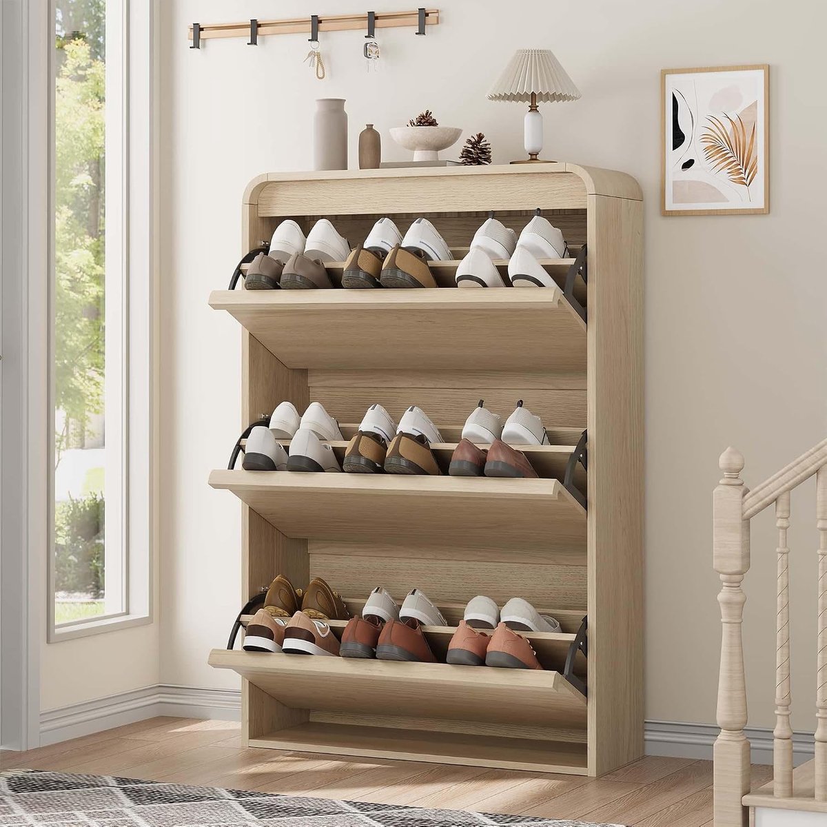Moderne schoenenkast – 3 uitklapbare lades – Houten schoenenkast – Verstelbare plank – Verborgen schoenenkast voor de hal of woonkamer – 118 × 80 × 26 cm – Natuurlijk eiken