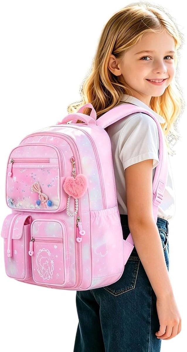 Rugzak meisje - Schooltas meisje - 25L - Waterafstotend - Lichtgewicht - Met hanger - Prinsessen rugzak - Voor basisschool en reizen - 1PCS - 45*18*32cm - Roze