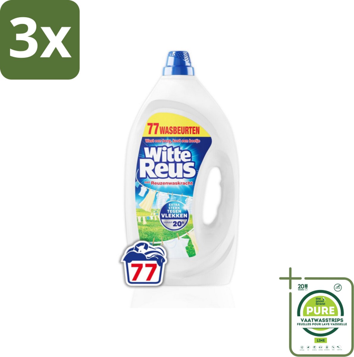 3 x Witte Reus - Vloeibaar Wasmiddel - Witte Was - 77 Wasbeurten - Grootverpakking - Witte Was - Wasmiddel - Vlekken Verwijderen - Waskracht - Vloeibaar Wasmiddel