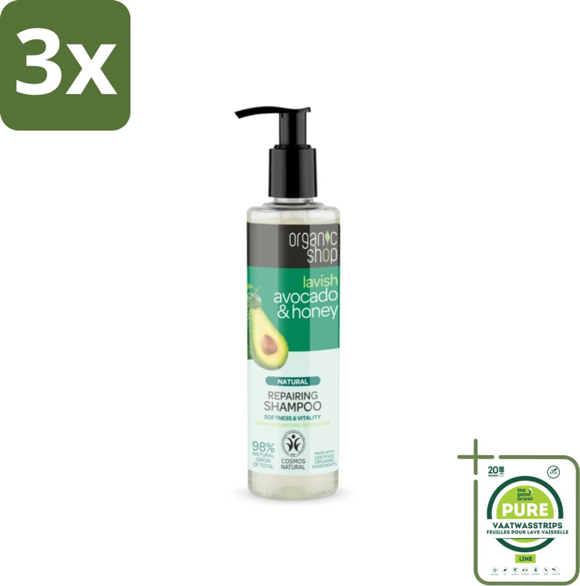 3 x Organic Shop - Natural Repairing Shampoo - Avocado & Honey - Hydraterend en Herstellend - 280 ml - Grootverpakking - Organische Shampoo - Avocado Shampoo - Honing Shampoo - Hydraterende Shampoo - Herstellende Shampoo