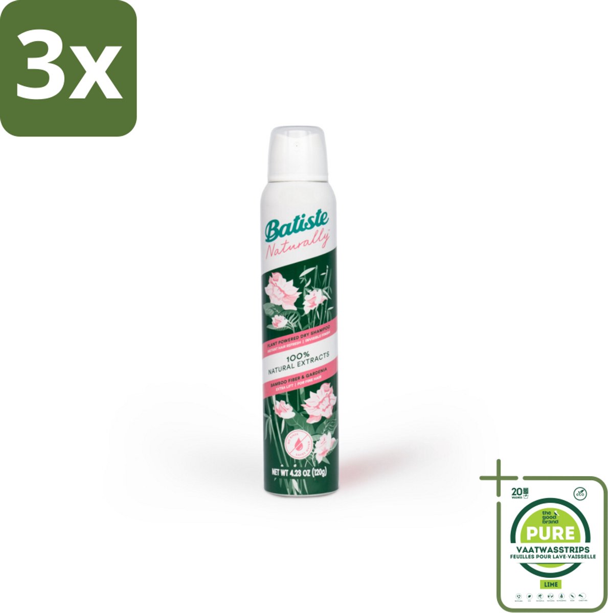 3 x Batiste - Naturally Bamboo Fibre & Gardenia - Droogshampoo - Versterkt en Verfrist - 100% Natuurlijk - 200ml - Grootverpakking - Droogshampoo - Bamboe - Gardenia - Natuurlijke Verzorging - Haarverfrissend