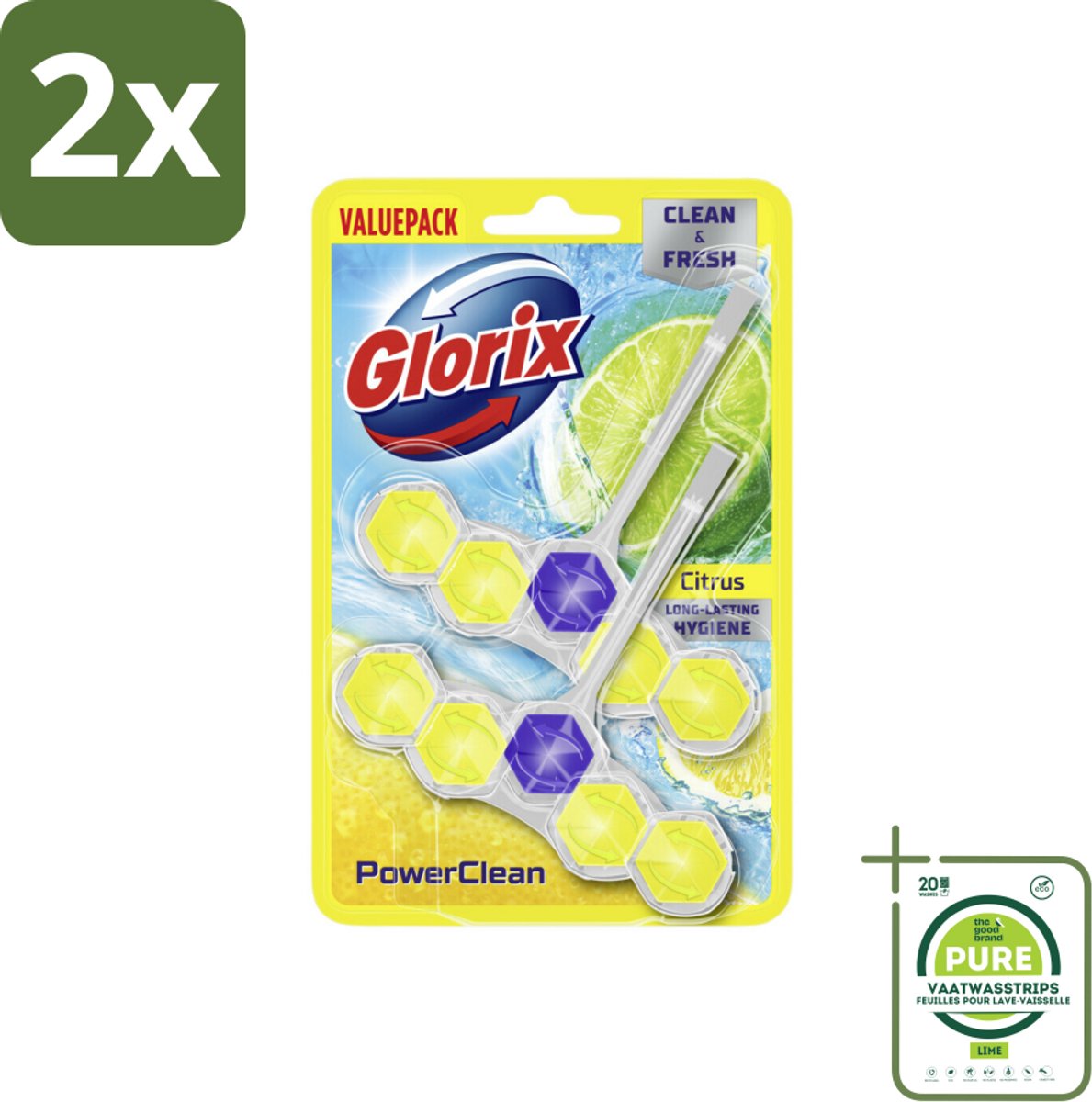 Glorix - Toiletblok - Power Clean Citroen - Fris & Citroen - 2 blokken - Voordeelverpakking - 2 stuks - Toiletblok - Toilet schoonmaak