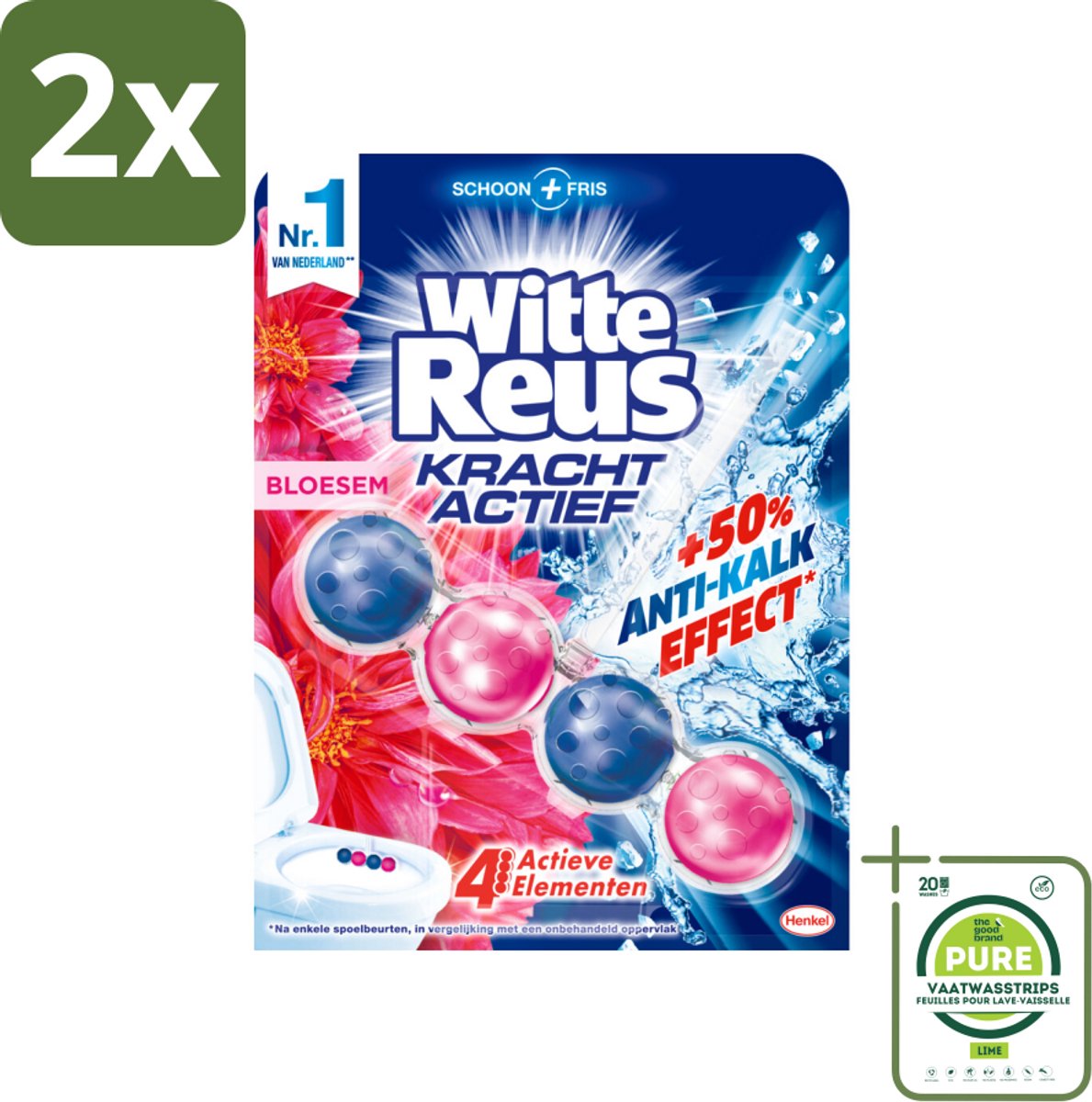 Witte Reus - Kracht Actief Toiletblok - Bloesem - 1 Toiletblok - Voordeelverpakking - 2 stuks - Toiletblok - Toiletreiniger
