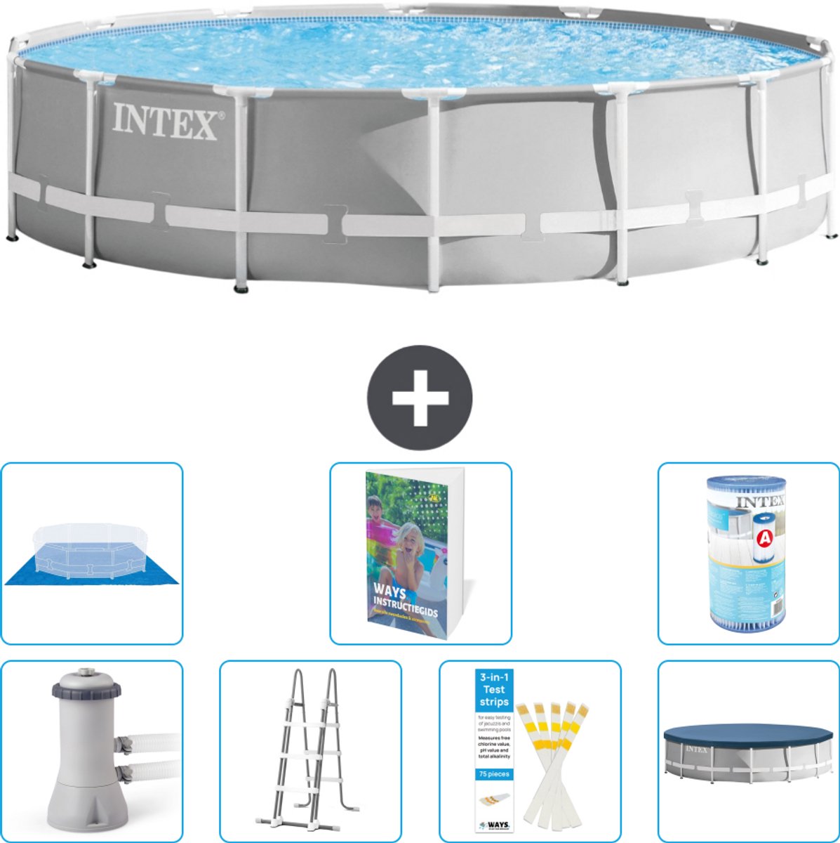 Intex Rond Prism Frame Zwembad - 427 x 107 cm - Grijs - Inclusief Pomp - Ladder - Grondzeil - Afdekzeil - Filter - 8-delig