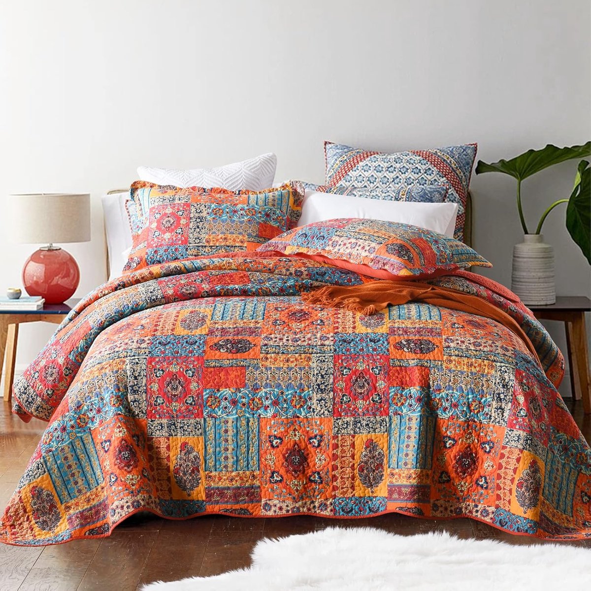 SnelShoppen - Gewatteerde Katoenen Sprei 220 x 240 cm voor 2 Personen - Boheems Patchwork Deken met 2 Kussenslopen in Oranje, Ideaal voor Slaapkamer e