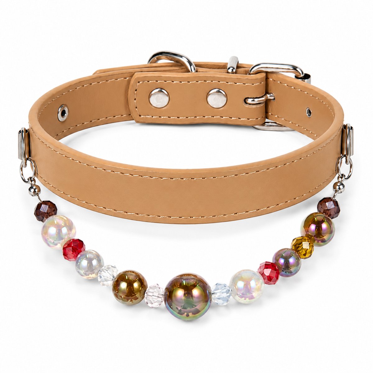 Ryoudavell - Hondenhalsband met Parels - Verstelbare Leren Hondenketting voor Kleine en Middelgrote Honden - Huisdier Accessoires & Verzorging - Honden Sieraad - Khaki(S)