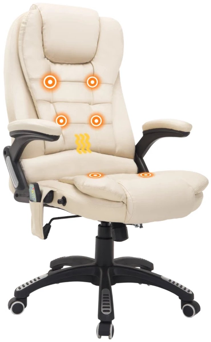 Ergonomische Bureaustoel met Massagefunctie, Schommelfunctie & Verwarmingsfunctie - In Hoogte Verstelbaar - 360° Draaibaar - Kantoorstoel - Gamestoel - Volwassenen Stoel - Directiestoel - Computerstoel - Crèmewit + Zwart