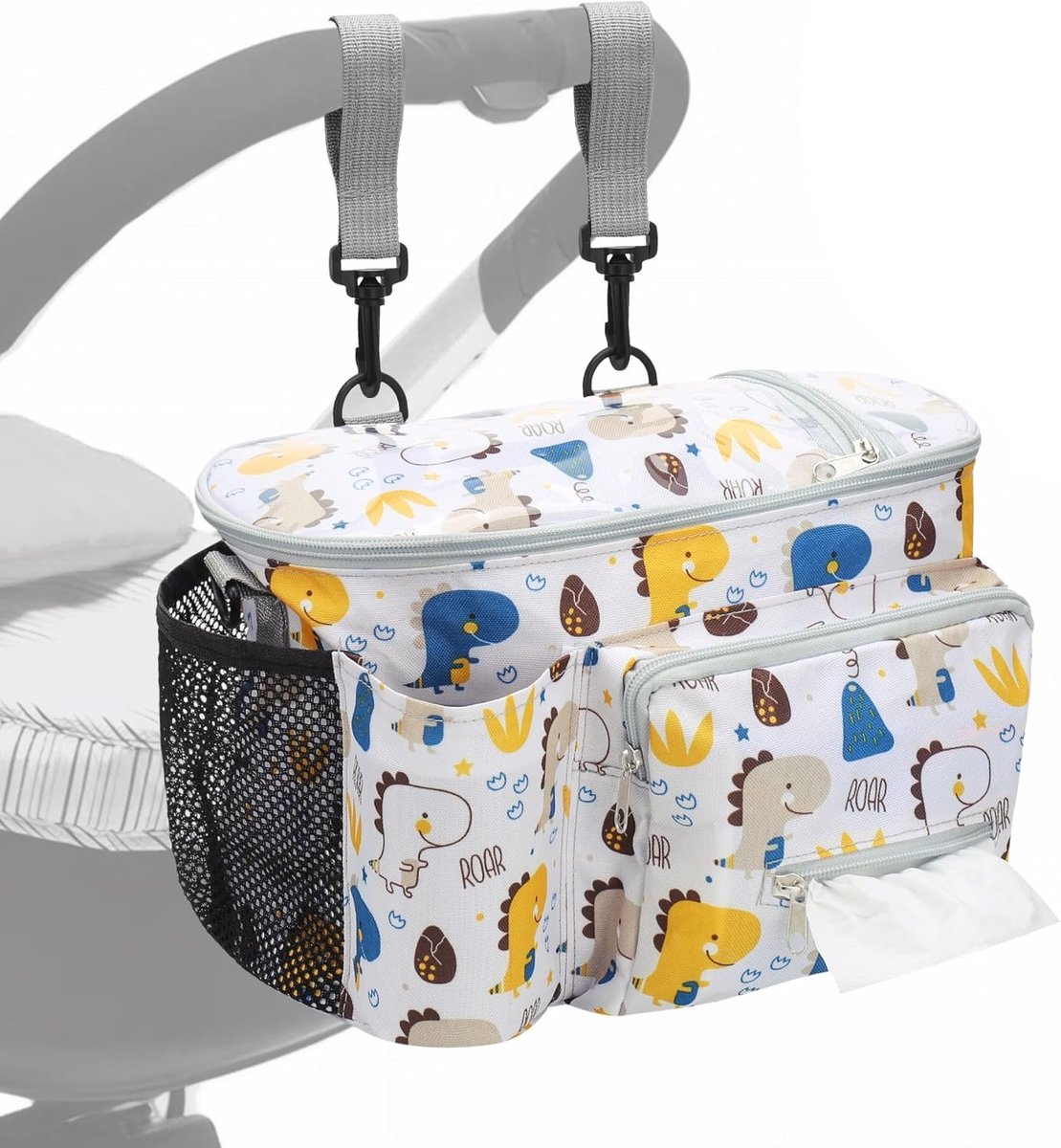 SnelShoppen - Kinderwagen-organizer met geïsoleerde bekerhouder, schouderriem en ritsvak - Praktische luiertas voor kinderwagen en buggy met grote opb