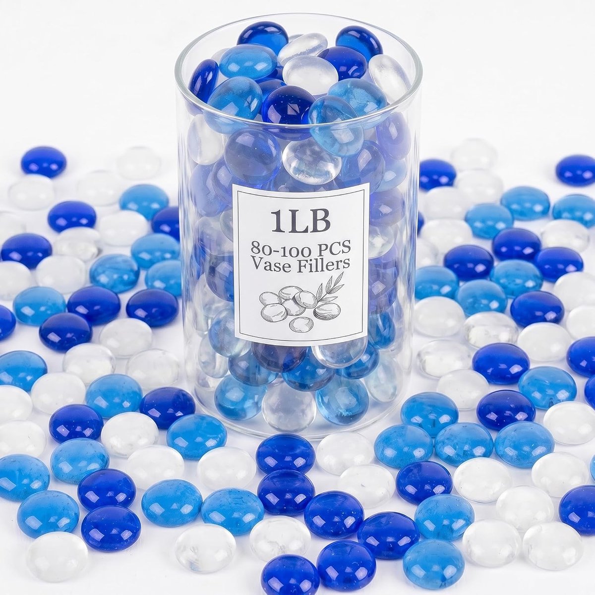 SnelShoppen - 440 g Blauwe Mix Platte Glazen Steentjes, 17-19 mm, Decoratie voor Vazen, Aquariums en Bloemstukken - 80-100 Stuks