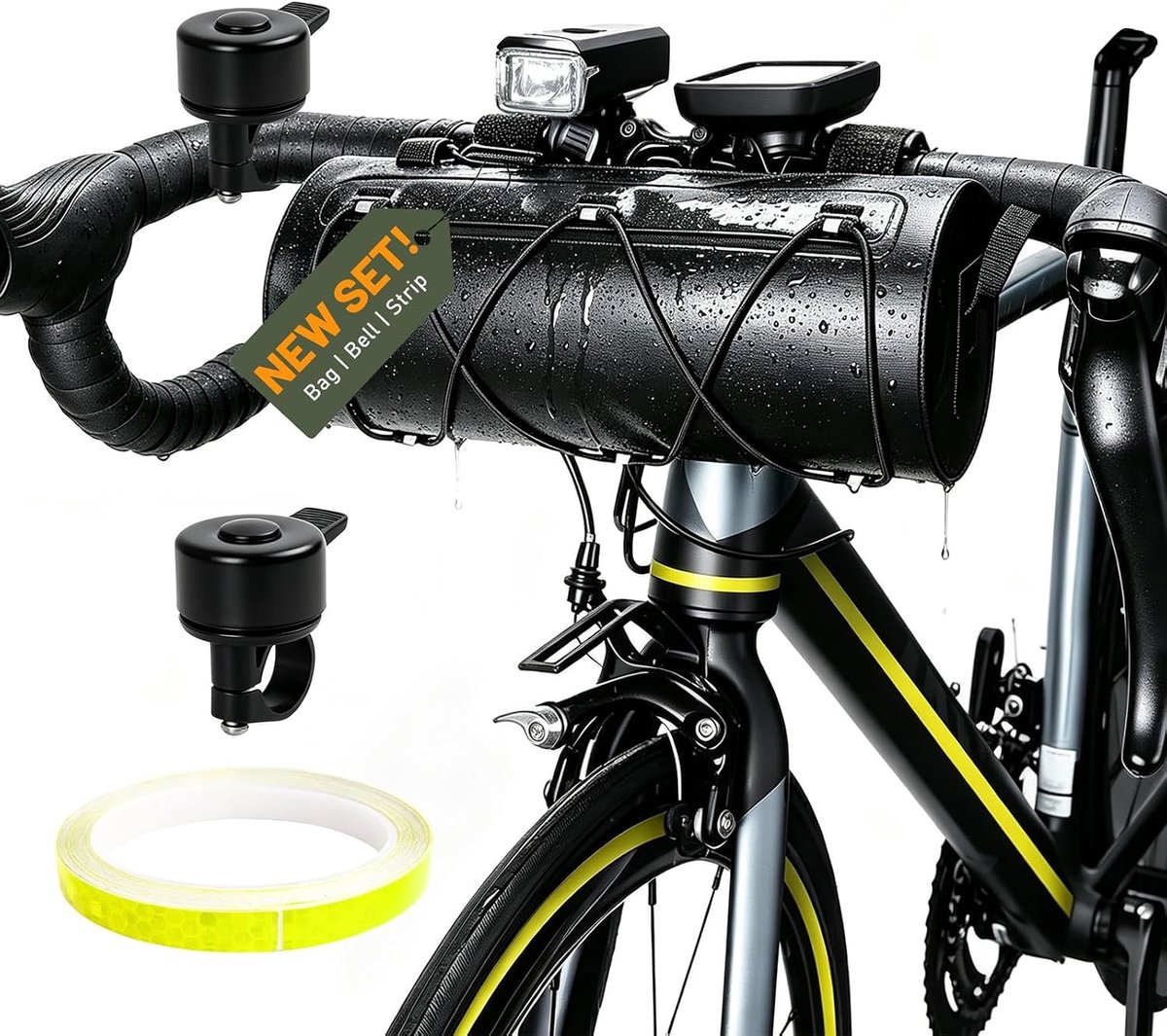 Waterdichte stuurtas voor fiets met 2,5 l capaciteit, inclusief fietsbel en reflectorstrepen, ideaal voor bikepacking en outdoor avonturen, zwart