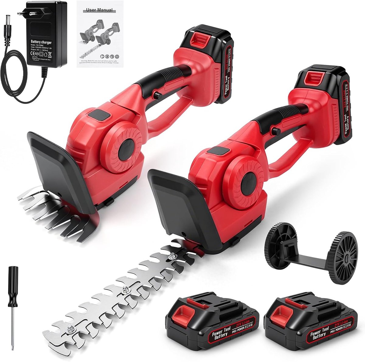 SnelShoppen - Accugras- en Struikschaar 2-in-1 Draadloze Heggenschaar en Grastrimmer met 2 x 1500 mAh Accu en Oplader - Tuingereedschap voor Heggen, S