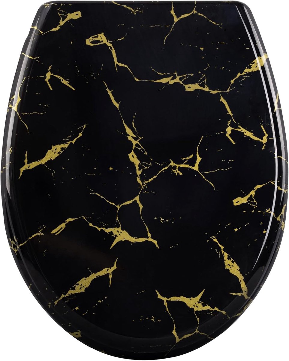 SnelShoppen - Toilet Lid met Soft Close Mechanisme, Zwart Glas met Gouden Glitter, O-Vorm, Duroplast, Onderste Bevestiging, 175 kg Draagvermogen