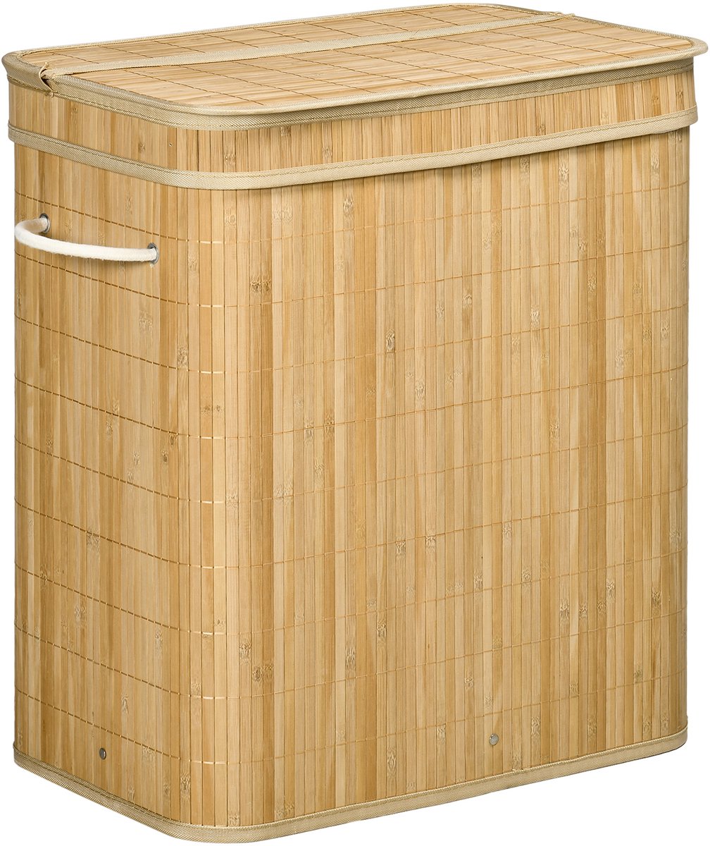 wasmand bamboe met deksel, met 2 vakken en een uitneembare stoffen zak, rechthoekig, wasverzamelaar, volume 90 L, handvaten, opvouwbaar, natuur, 54.2 x 35.2 x 59.5 cm